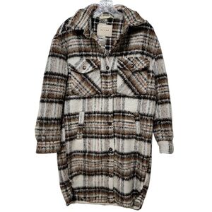 Blank NYC | Long Plaid Button Front Shacket Coat Plaid Brown Black Cream Revolve